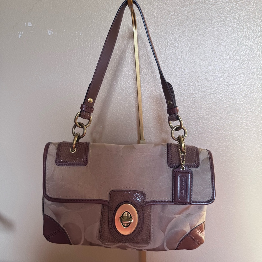 Coach #14504 Peyton Signature Beige & Tan Sateen Carryall Flap Purse Handbag